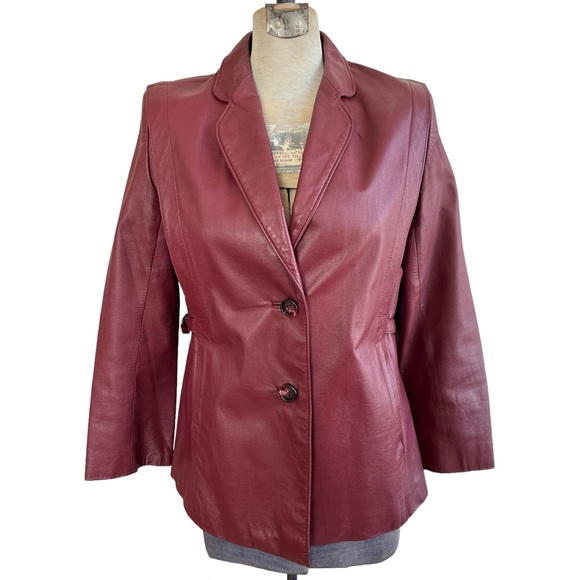 Vintage Lowenbur Bordeaux Red Leather Blazer Jacket - Picture 1 of 7